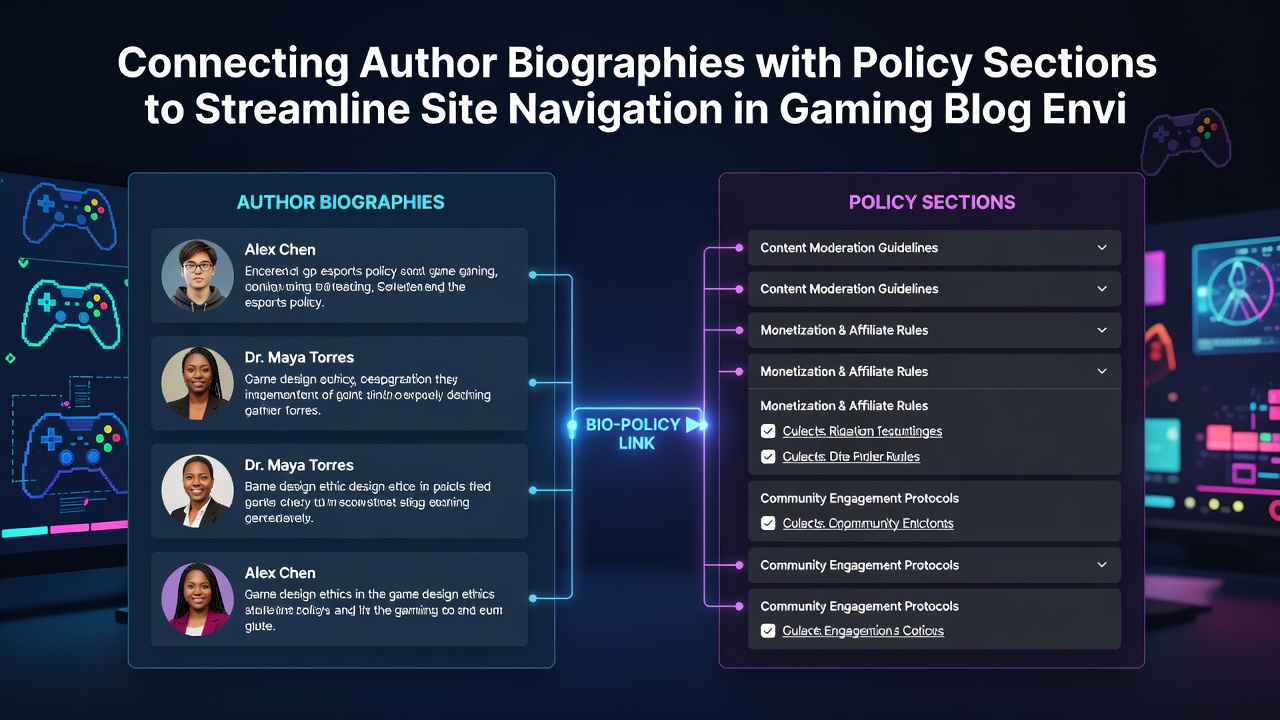 Screenshot example of a gaming blog where author profile links expand into policy navigation panels