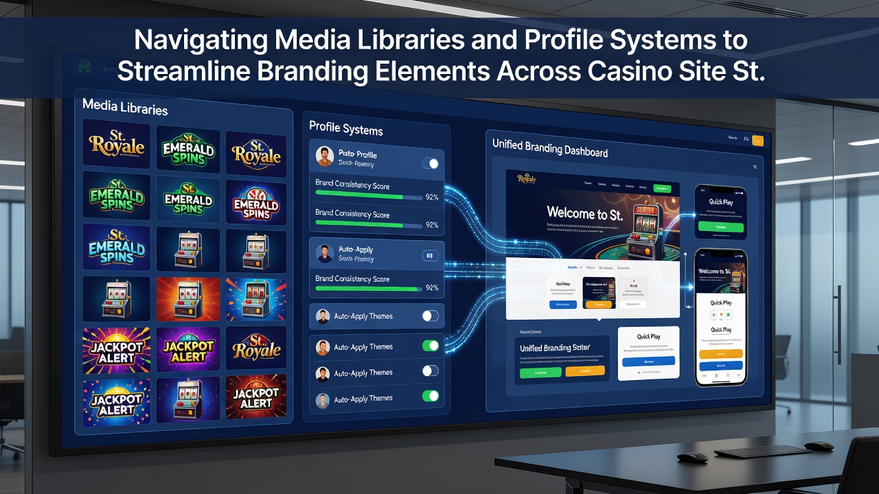 Team members reviewing synchronized profile data and media assets on multiple casino site dashboards showing consistent branding elements