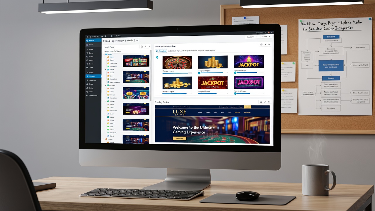 Casino website preview illustrating unified branding achieved through merged sample pages and controlled media workflows
